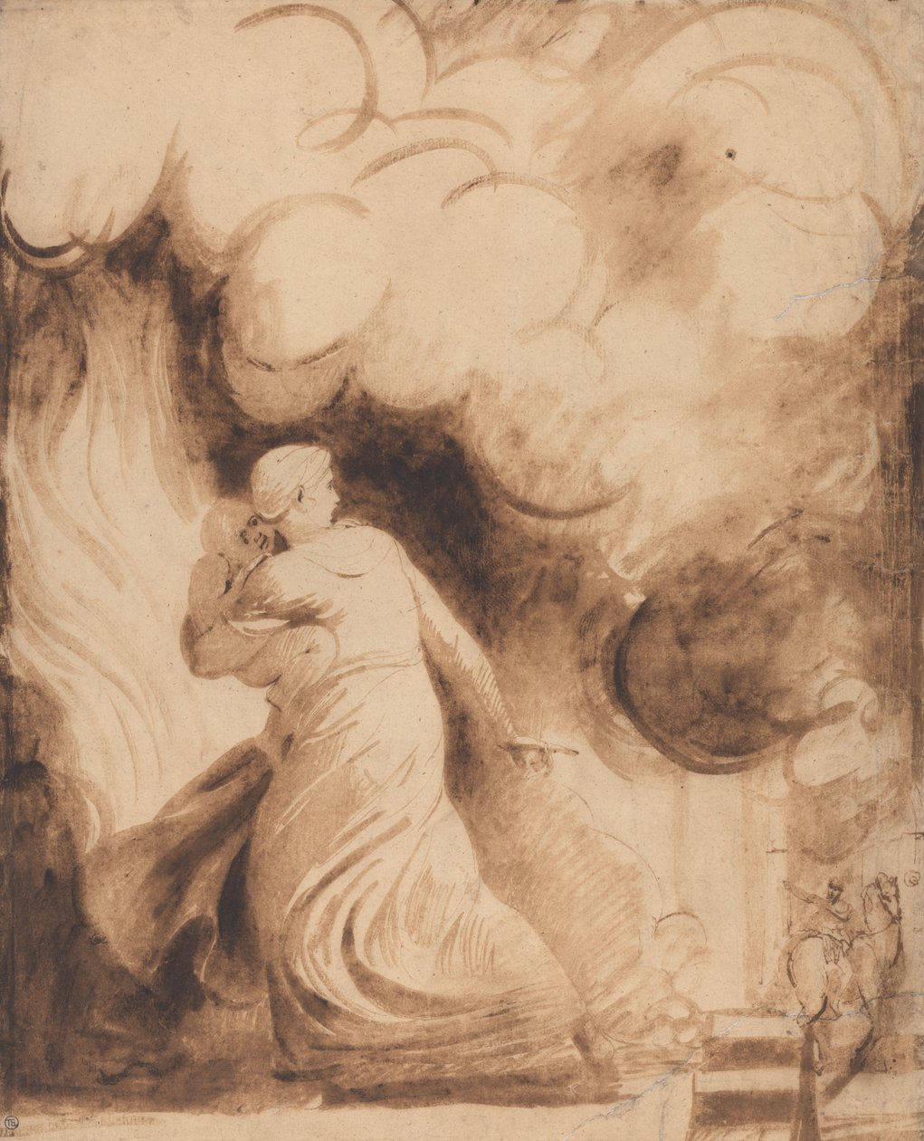 A Mother with Her Child in Her Arms Flying upon the Ramparts of a City in Flames (Lady Hamilton as "Andromache" Escaping from the Burning of Troy; The Fire) by George Romney