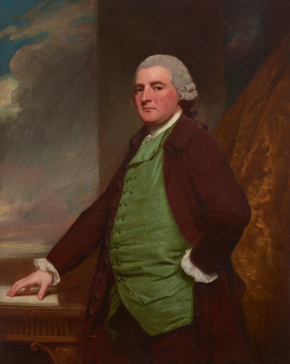 Portrait of James Cross of Clifton, Bristol, three-quarter-length, at a table with a landscape beyond by George Romney