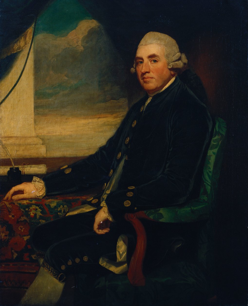Portrait of the First Earl of Farnham, seated, three-quarter length, by an open window by George Romney