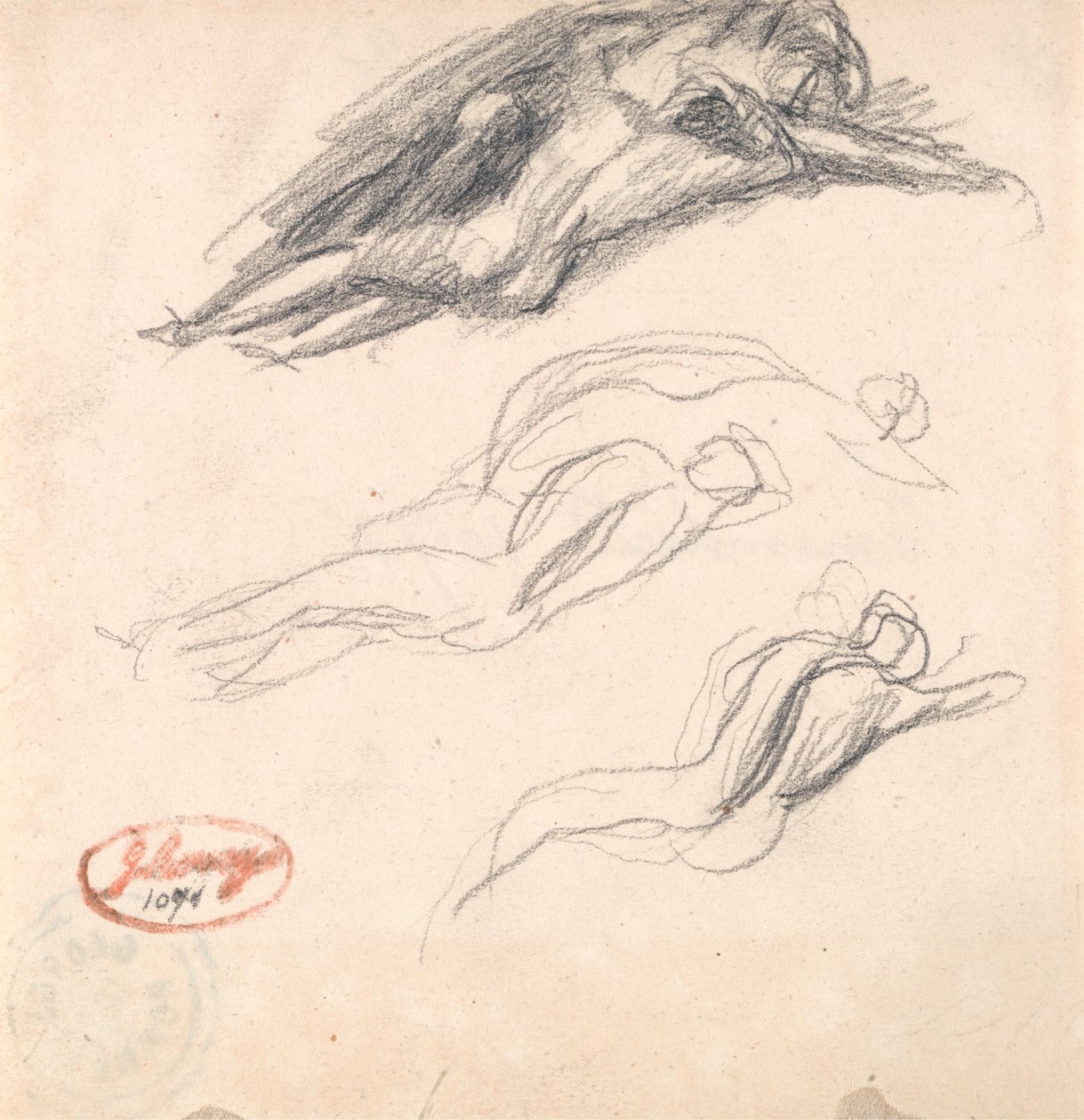 Three Sketches of a Figure Asleep, Probably Adam and Eve for "Satan Discovered at the Ear of Eve" by George Romney
