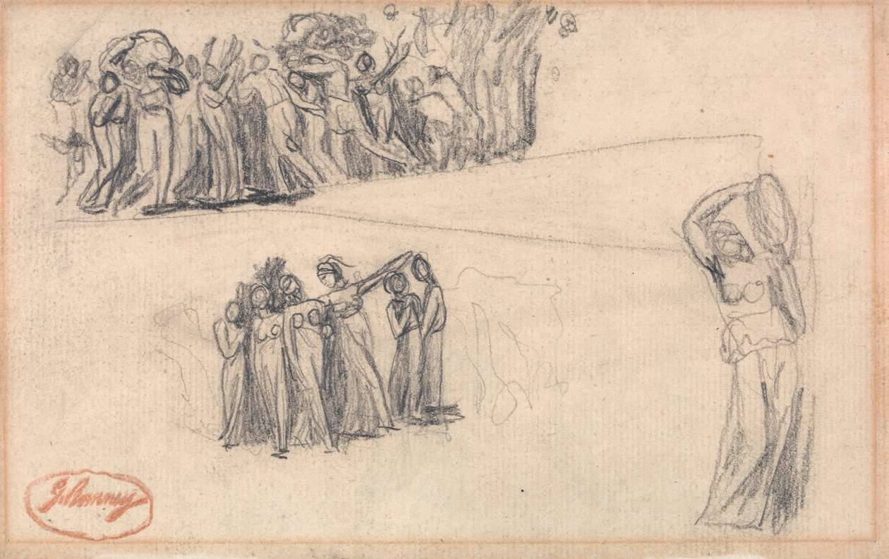 Two Sketches of Women and Children Fleeing and Standing Female Figure Playing Tambourine (detail) by George Romney