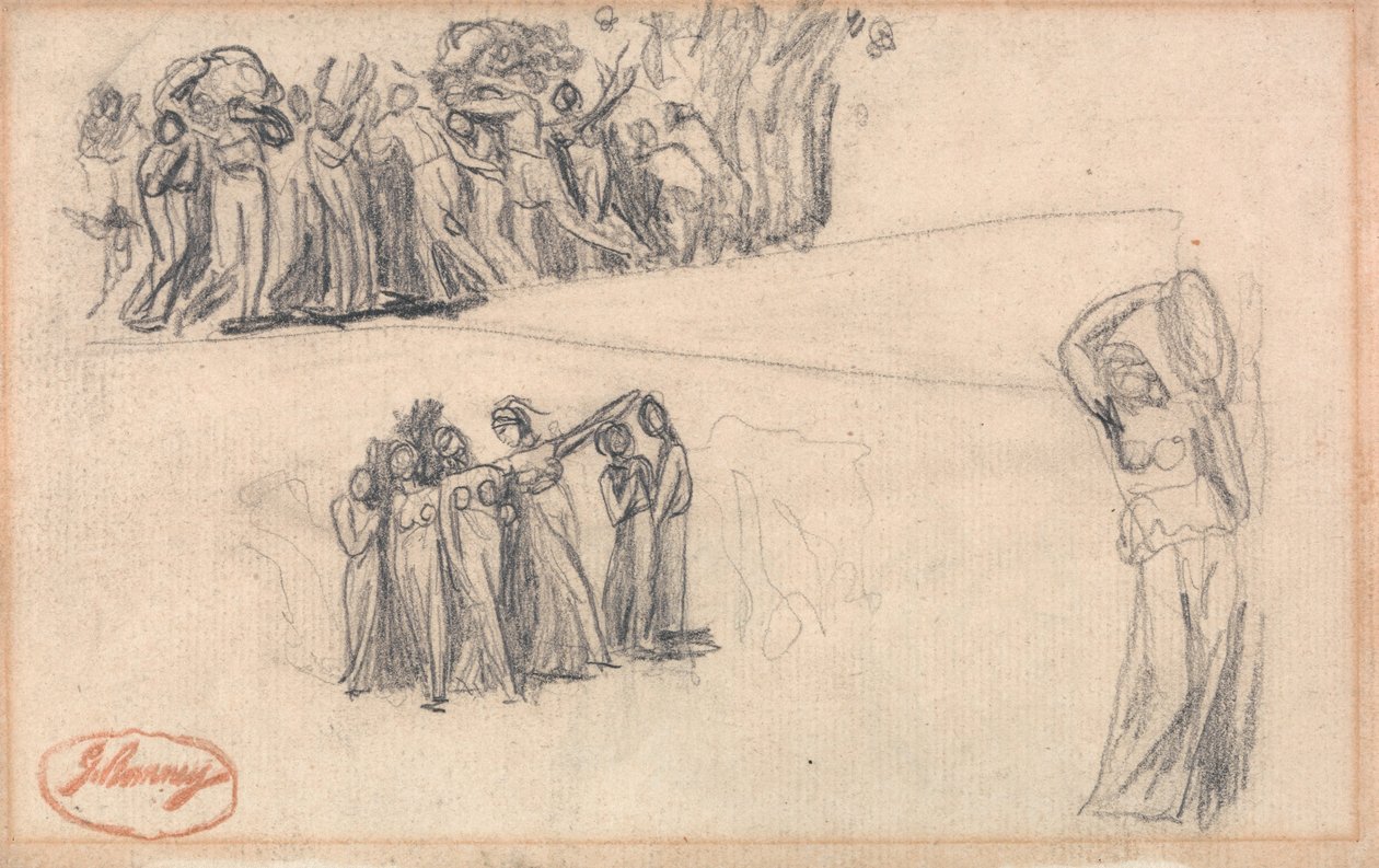 Two Sketches of Women and Children Fleeing and Standing Female Figure Playing Tambourine as for Lady Anne Leveson in "Dancing Gower Children" by George Romney