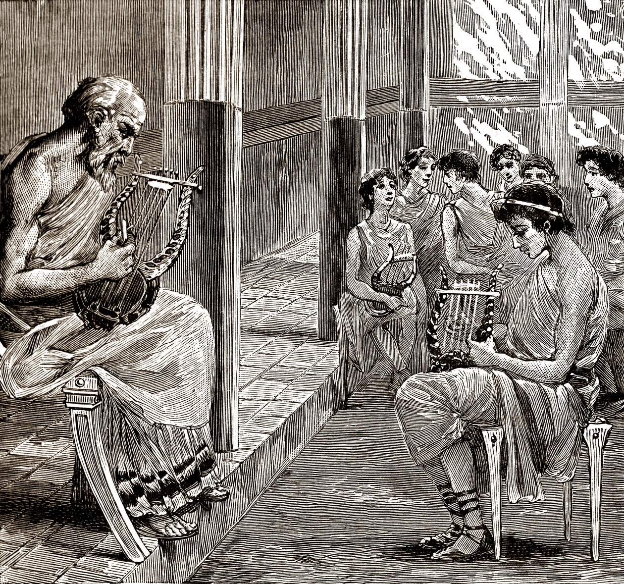 A school in ancient Greece: the teacher teaches the pupils to play the lyre by George Roux