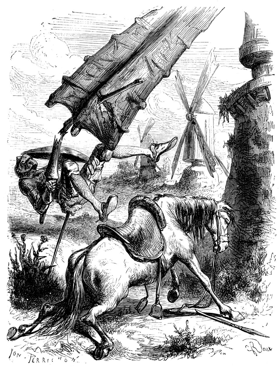 Battle against the mills: Don Quixote and Rossinante are thrown to the ground by the wing of a mill by George Roux