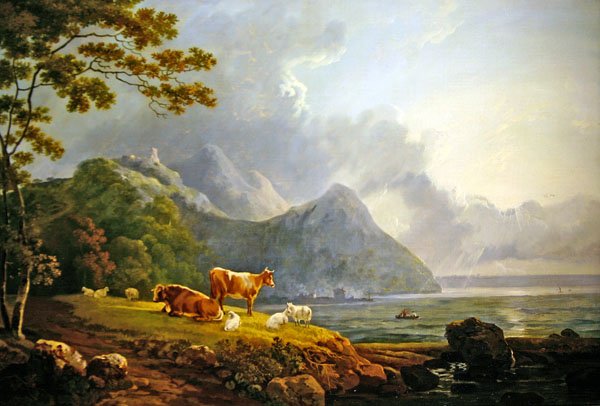An Extensive Landscape with Sheep and Cows by George Senior Barrett