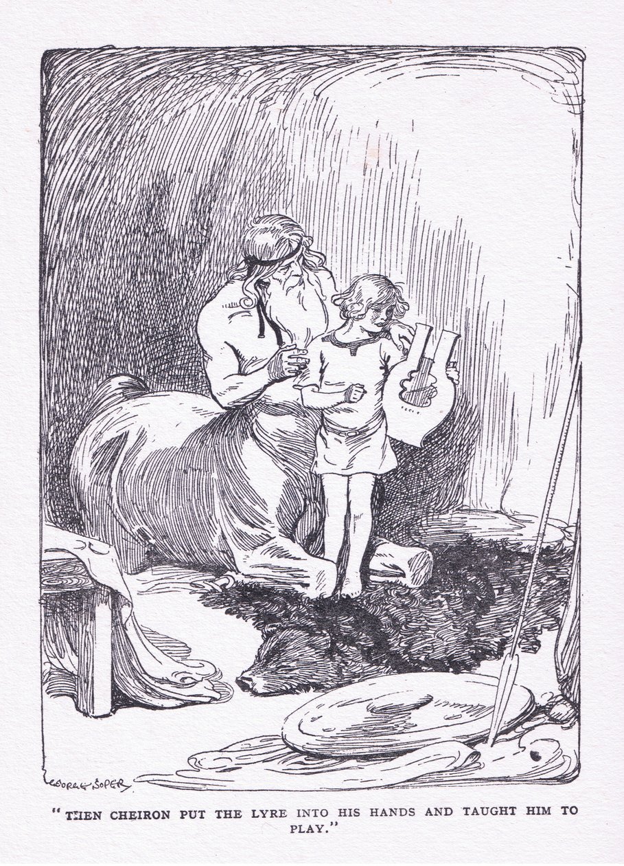 The Cheiron put the lyre into his hands and brought him to play, from The Heroes published by George Allen and Unwin 1929 by George Soper