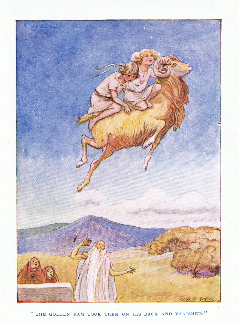 The golden ram took them on his back and vanished, from The Heroes published by George Allen and Unwin 1929 by George Soper