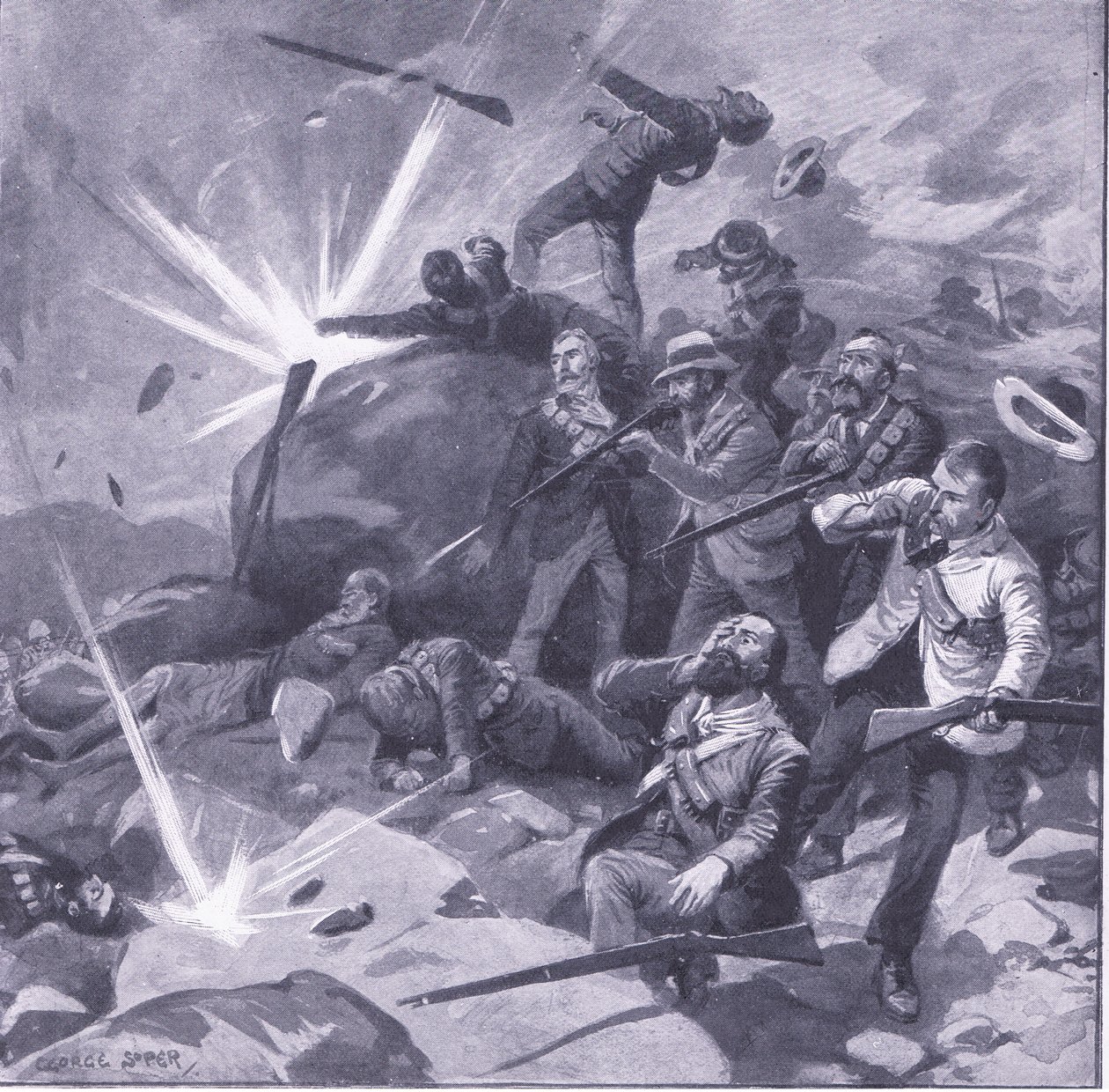 The last stand of the Johannesburg police at Bergendal (illustration from After Pretoria: The Guerilla War, 1902) by George Soper