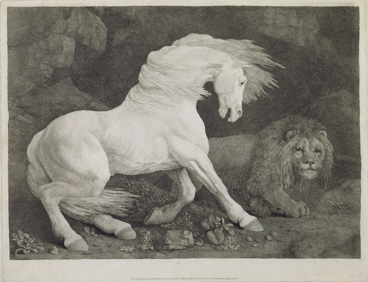 A Horse Affrighted by a Lion, engraved by the artist, pub. 1788 by George Stubbs