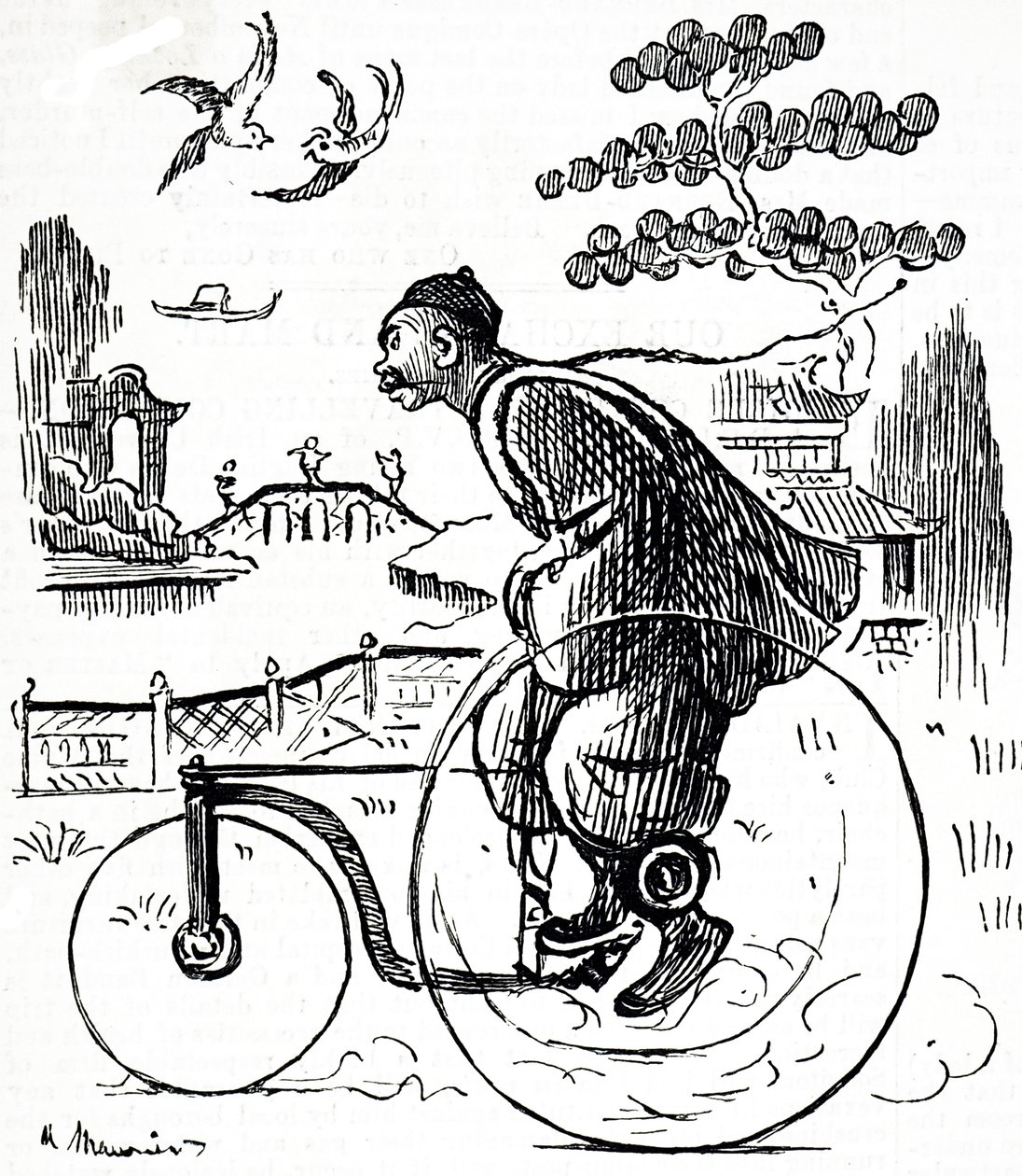 A cartoon depicting a Chinese man riding a tricycle through a park in China by George du Maurier