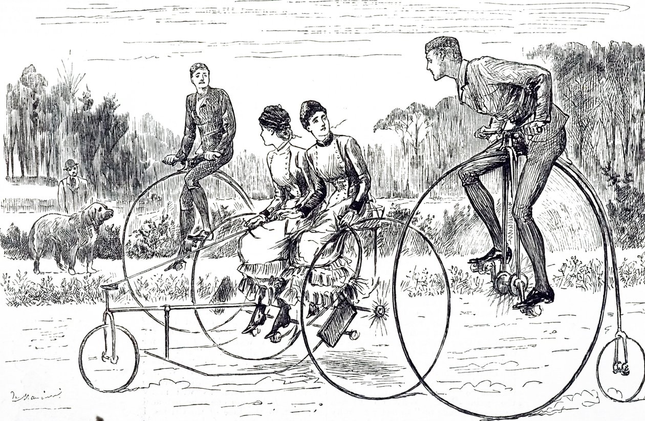 A group of young people riding tricycles by George du Maurier
