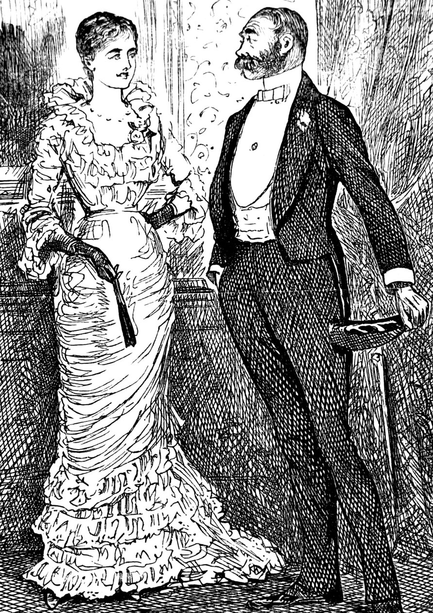 A woman and gentleman in formal clothing by George du Maurier