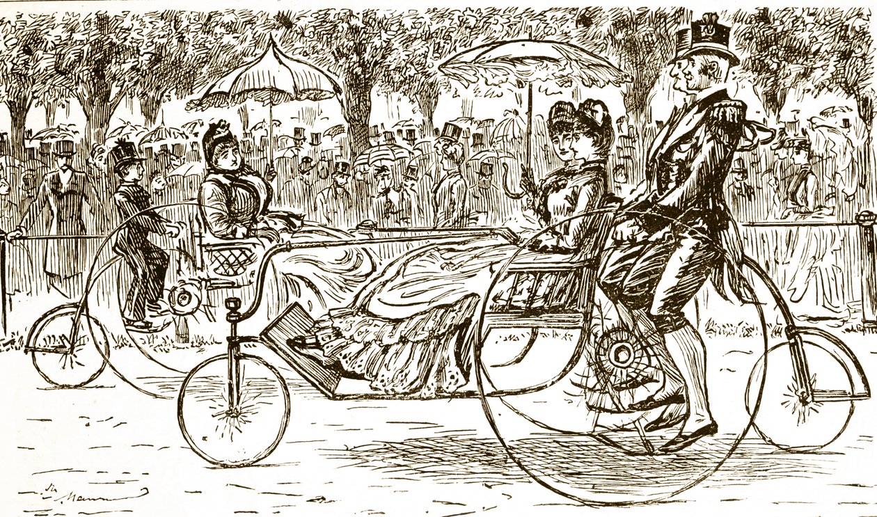 Passengers riding in bicycle carriages by George du Maurier