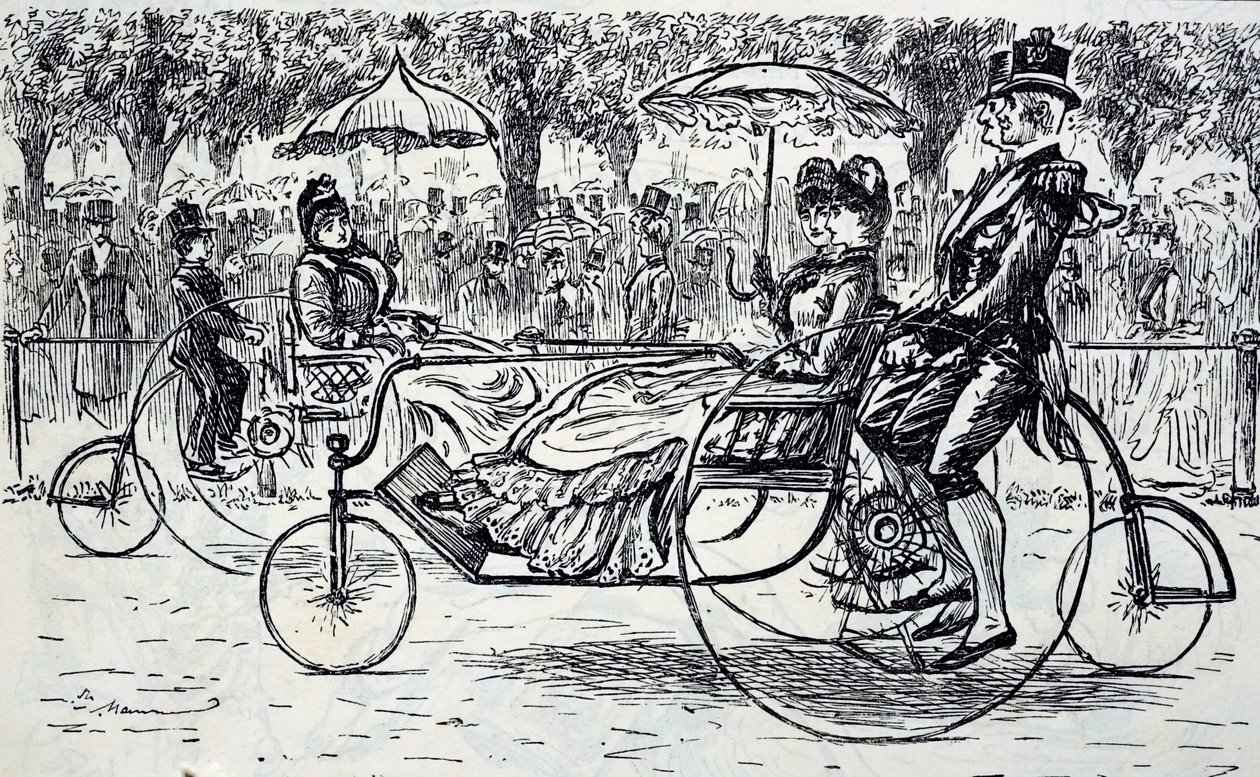 Passengers riding in bicycle carriages by George du Maurier