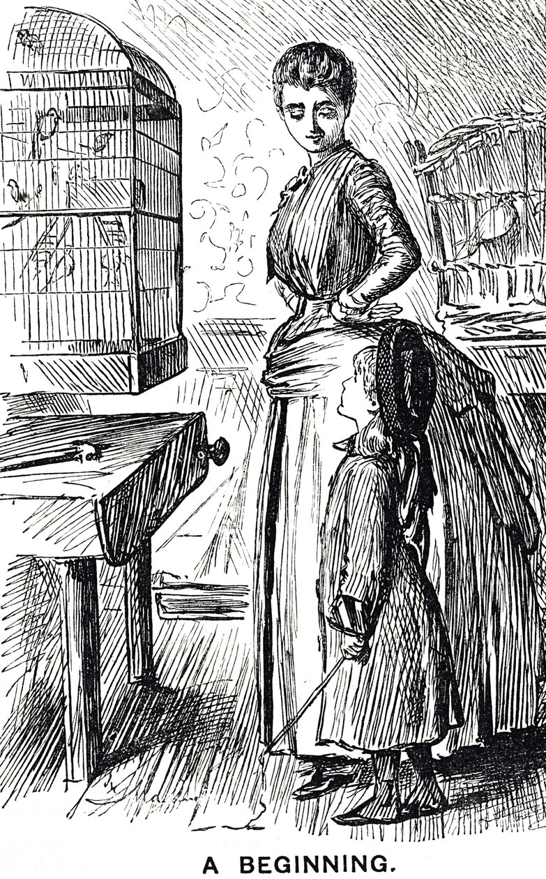 Cartoon commenting on the popularity of caged birds in Britain by George du Maurier