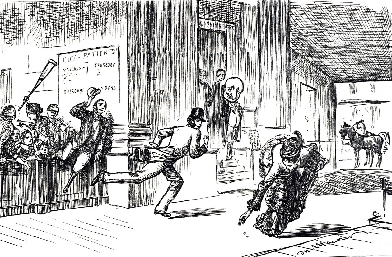Cartoon depicting Doctor Meilanion Jones, outstripped in the race for patients by Doctress Atlanta Robinson by George du Maurier