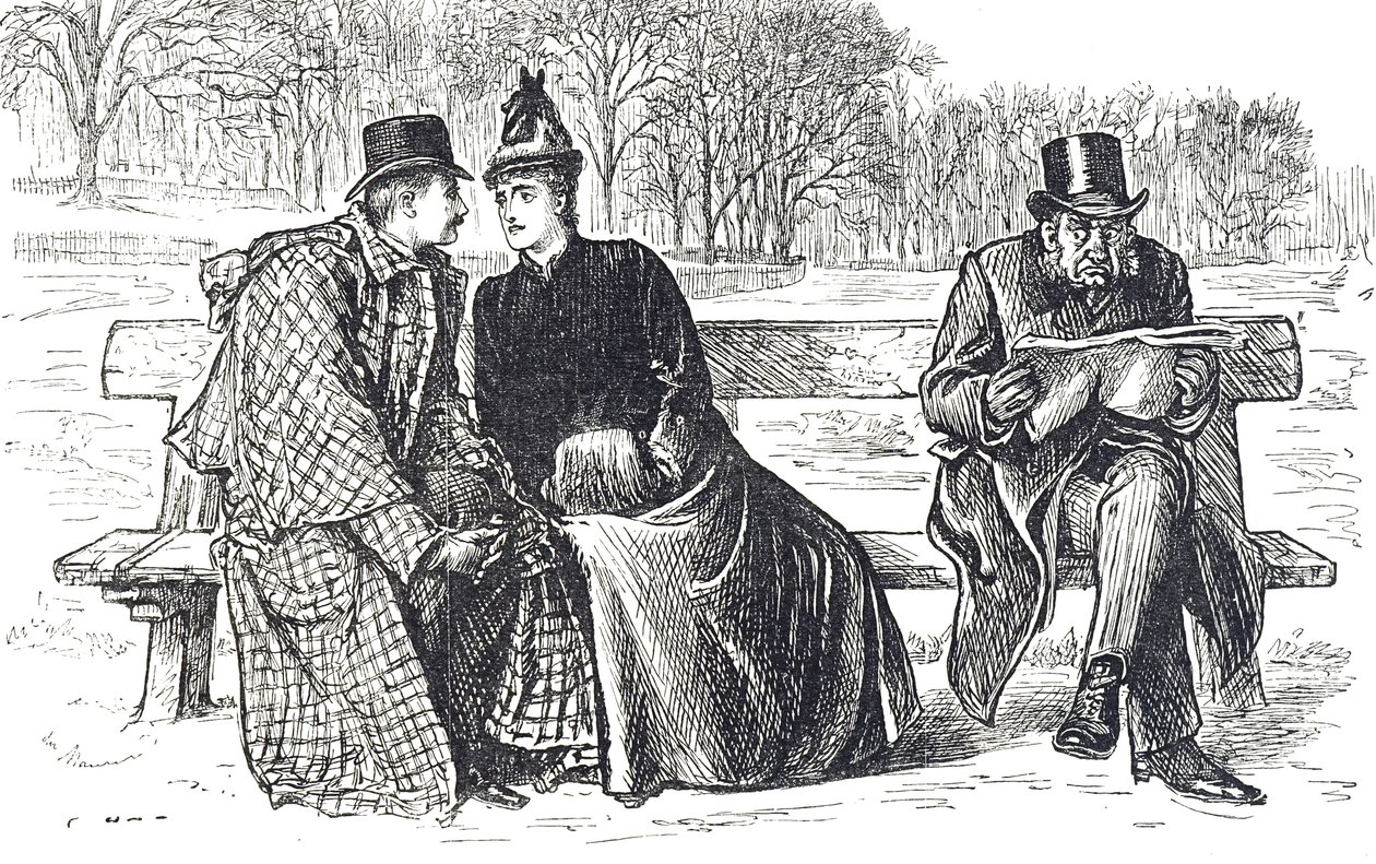 Cartoon depicting a couple exchanging endearments on a park bench, with a disapproving onlooker by George du Maurier