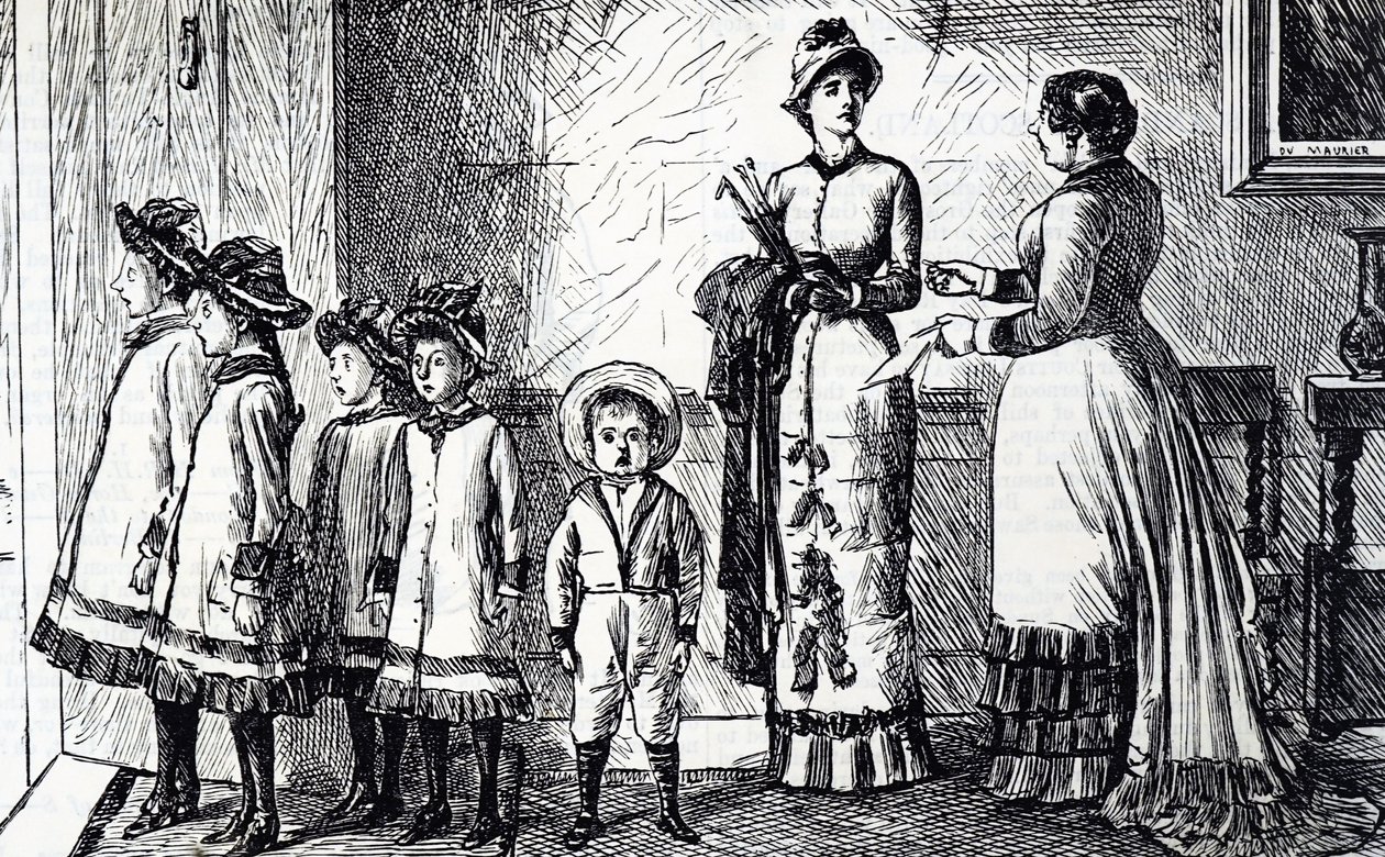 Cartoon depicting a mother with her brood by George du Maurier