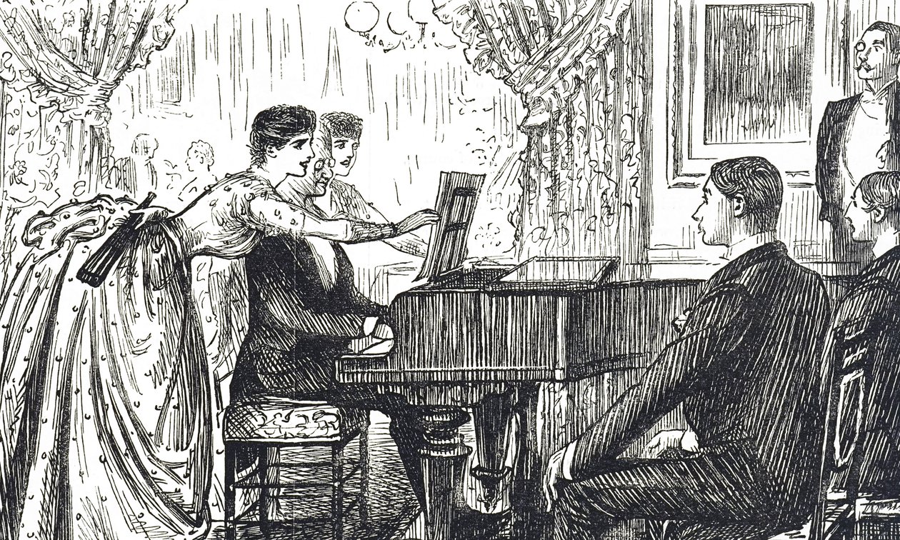 Cartoon depicting a musical evening at home by George du Maurier