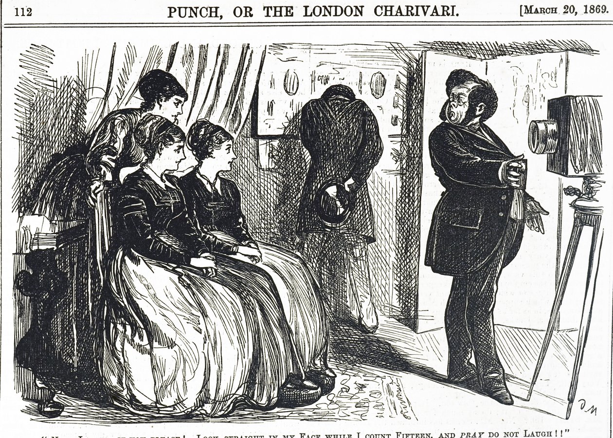 A pompous portrait photographer asking the impossible of the subject by George du Maurier