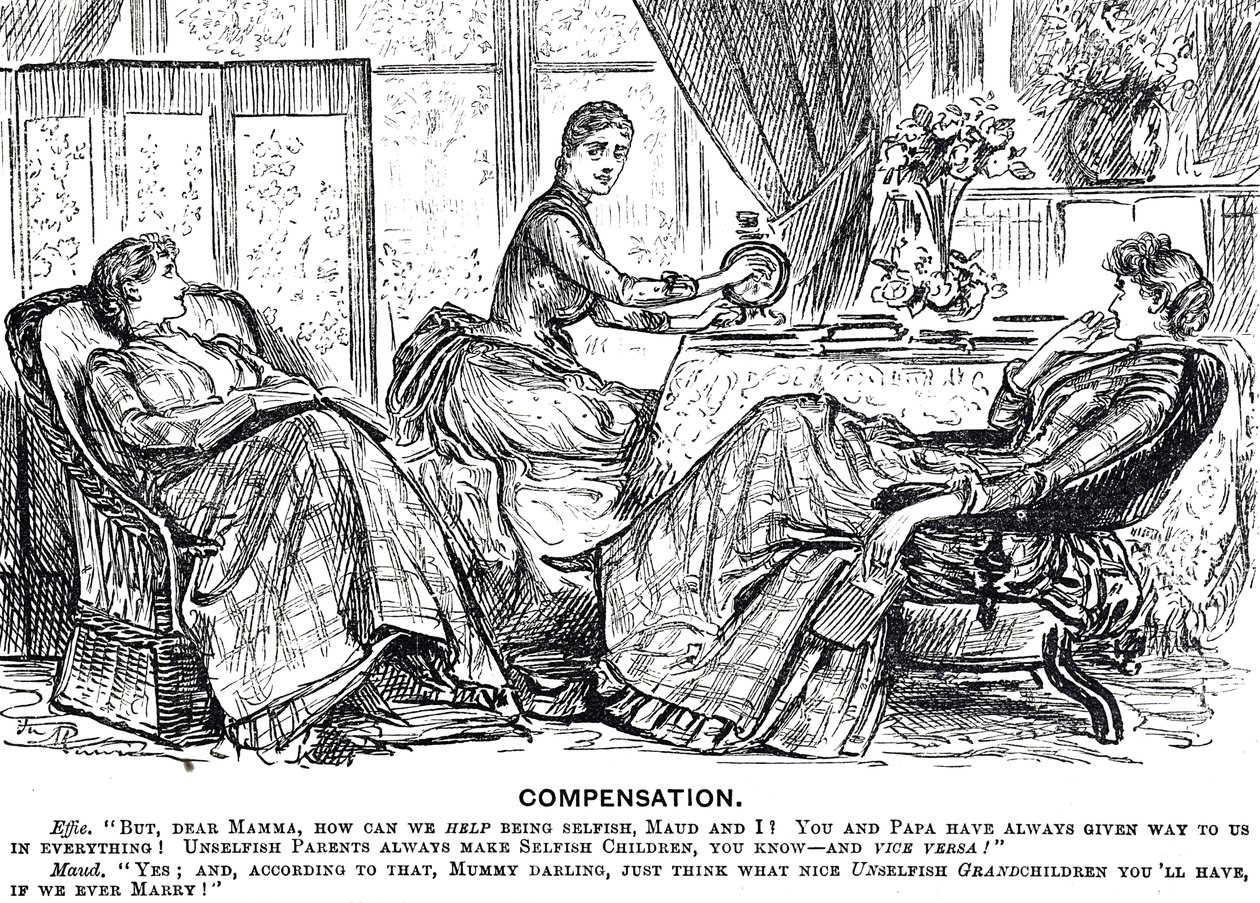 Cartoon depicting a woman using a handle-driven sewing machine by George du Maurier