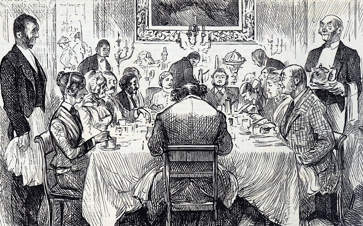 Cartoon depicting an elegant soirée in a Victorian home by George du Maurier