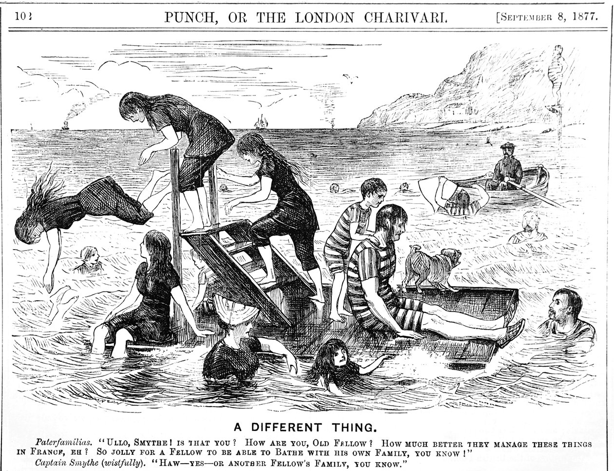 Cartoon depicting holidaymakers enjoying a seaside holiday in France by George du Maurier