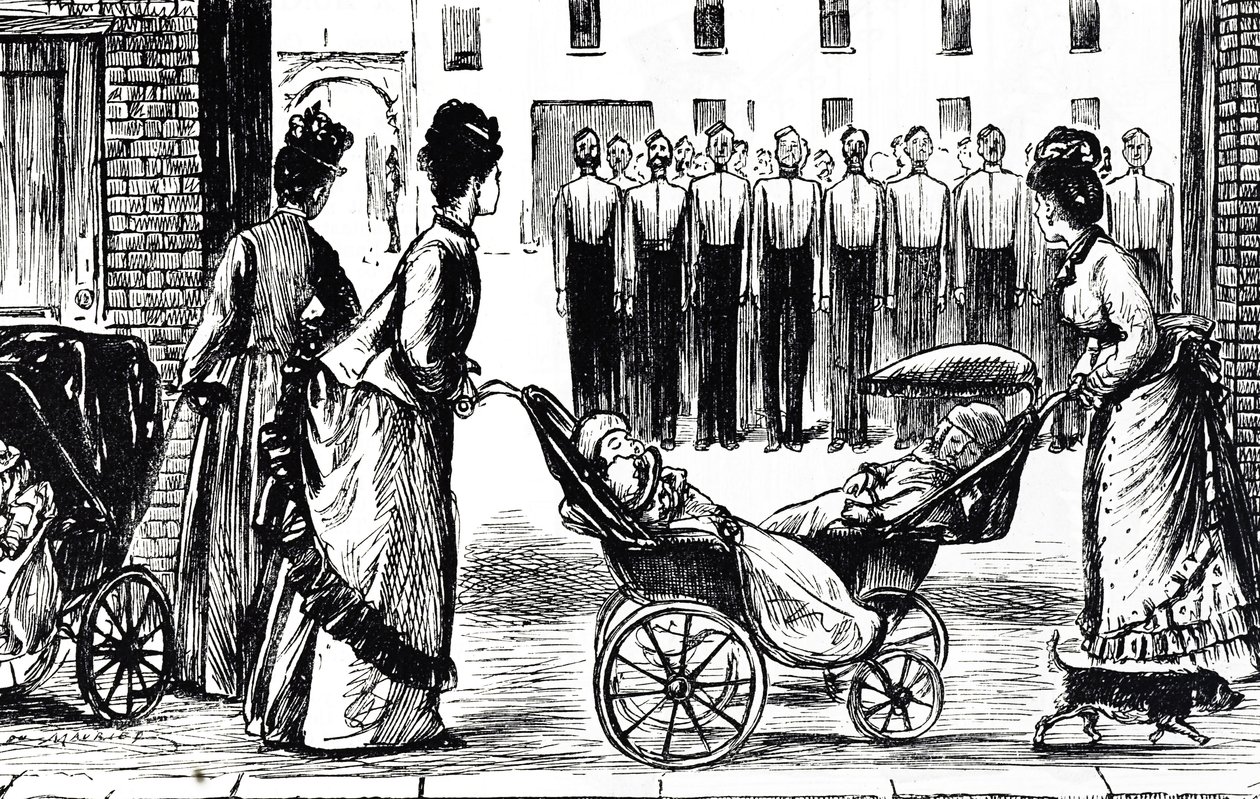 Cartoon depicting nursemaids wheeling their carriages past the barracks by George du Maurier