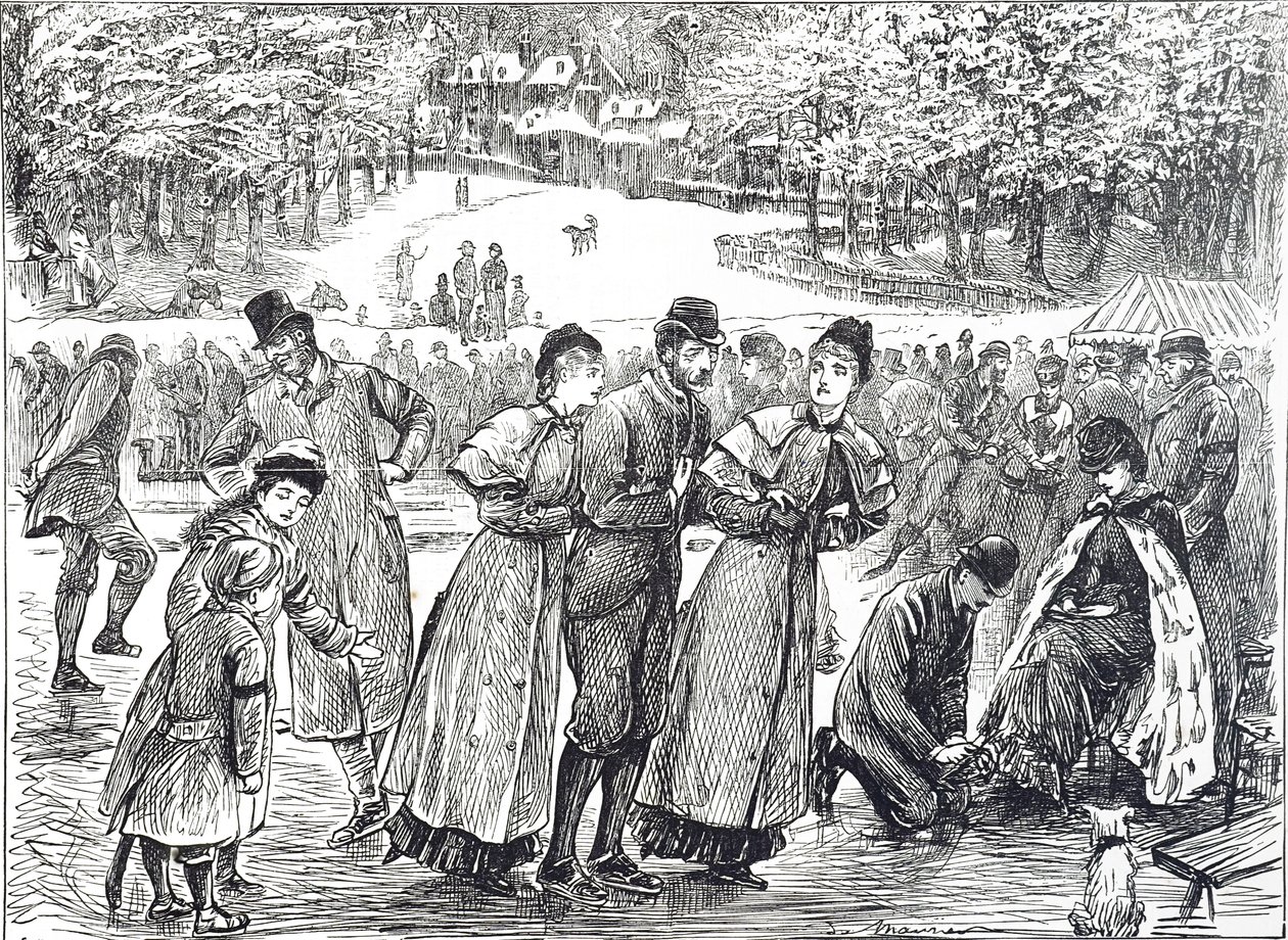 Skaters skating on a frozen lake by George du Maurier