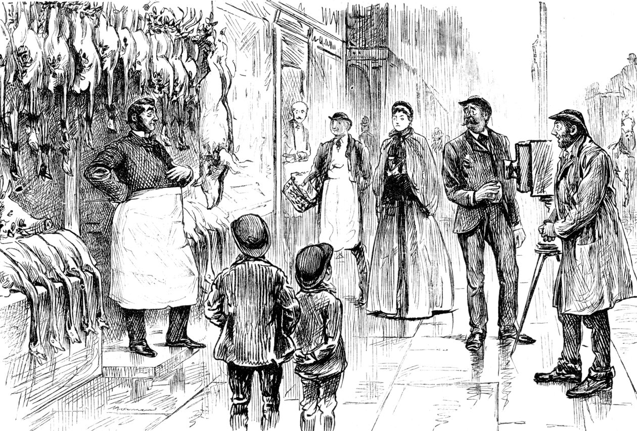 Engraving Depicting a Butcher and Poulterer Being Photographed in Front of His Christmas Display by George du Maurier by George du Maurier