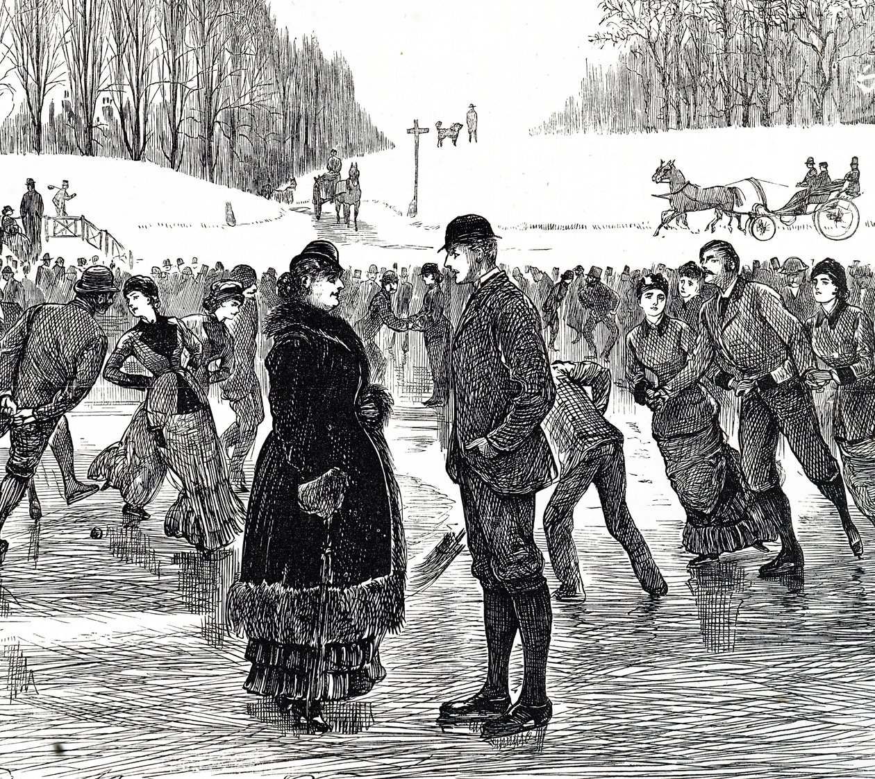 Engraving depicting a middle-aged couple ice skating by George du Maurier