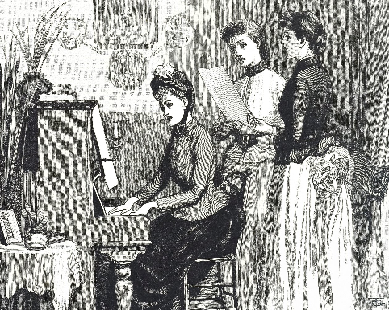 Engraving depicting young ladies singing in the drawing room by George du Maurier