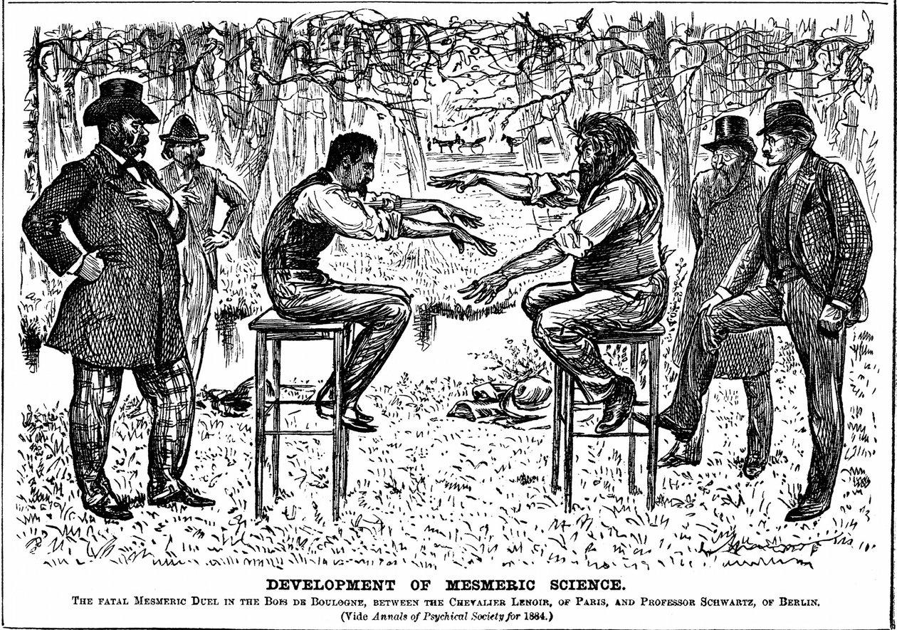 George du Maurier cartoon on the revival of Mesmerism. From Punch, London, 4 December 1883. by George du Maurier