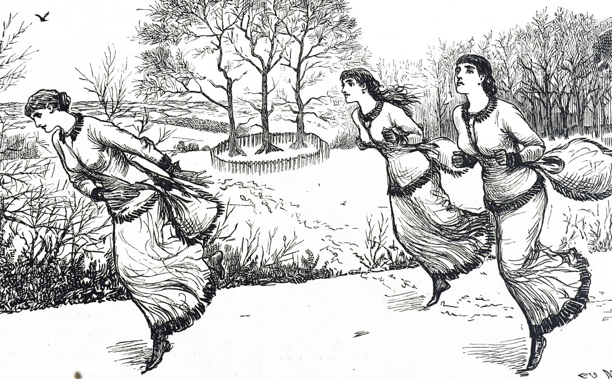 Illustration depicting girls setting the trail for the hare and hounds by George du Maurier