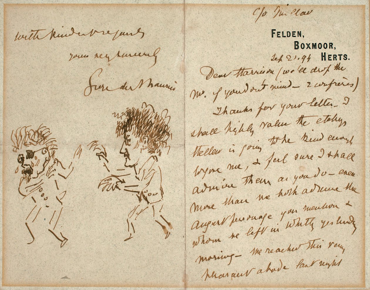 Letter with Drawing of Whistler Menacing Du Maurier by George du Maurier