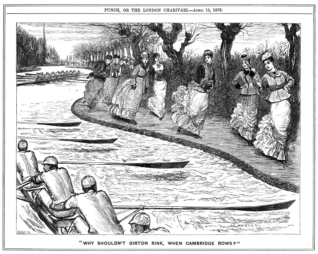 Roller skating very much in fashion. Lady students from Girton on the towpath waving to oarsmen rowing on the river. George du Maurier cartoon from Punch, London by George du Maurier