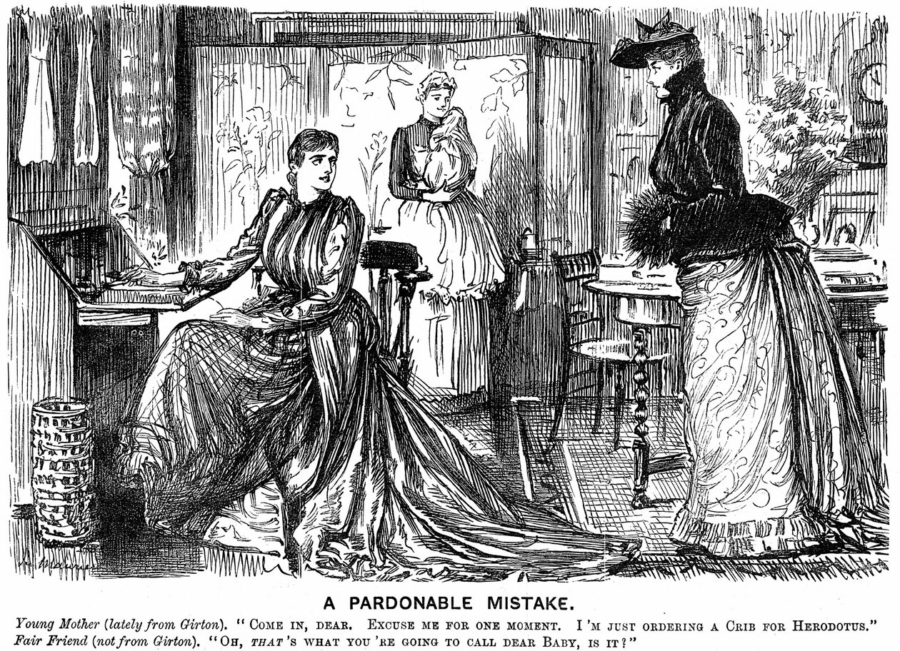 University education for women making their conversation confusing for their less educated friends. George du Maurier cartoon from Punch London 7 December 1889. by George du Maurier