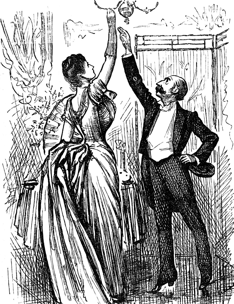 Upper-Class English Couples Trying to Reach Up to a Gas Lamp by George du Maurier
