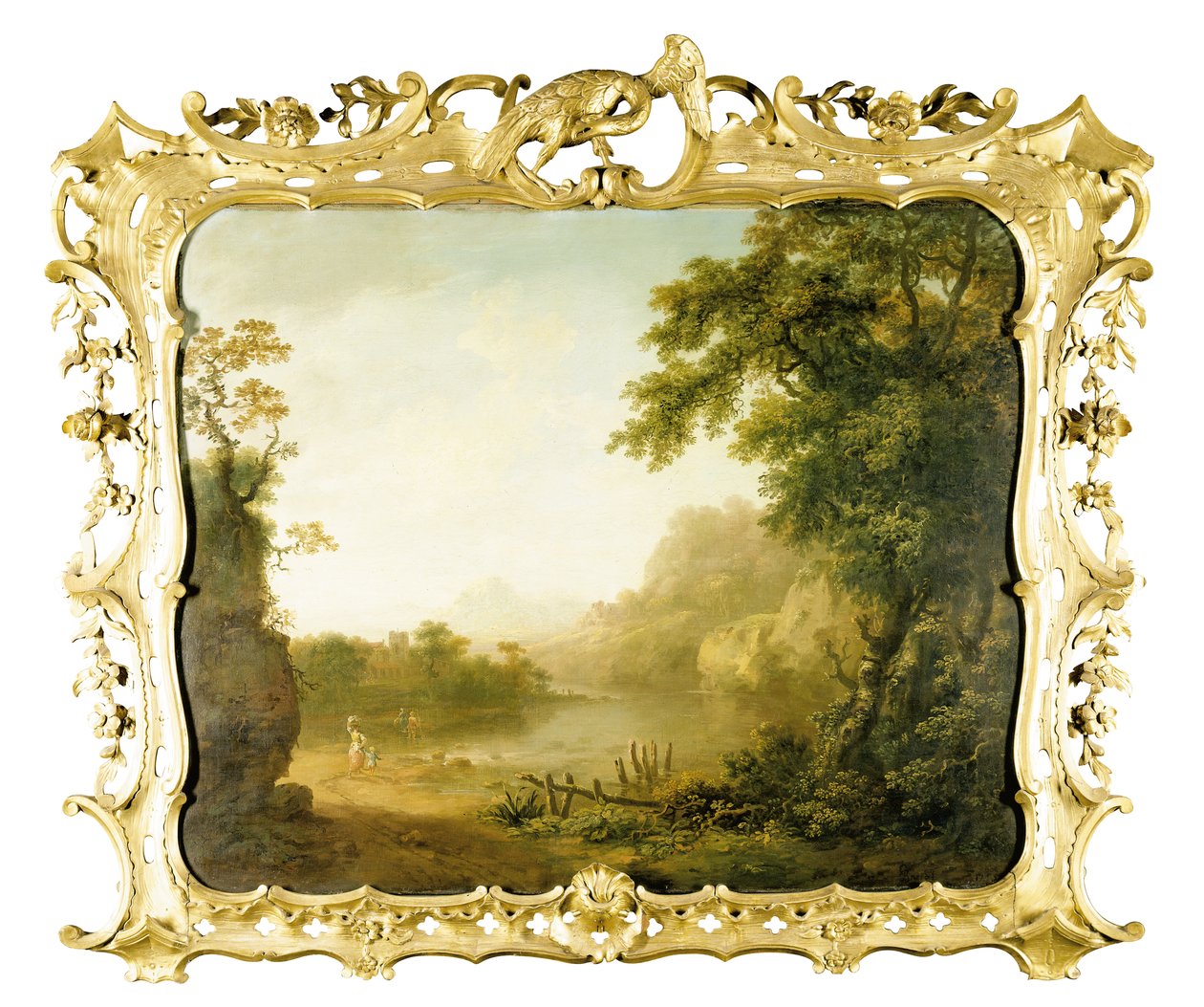An Italianate Wooded River Landscape with Figures in the Foreground and a Village Beyond by George the Elder Barret