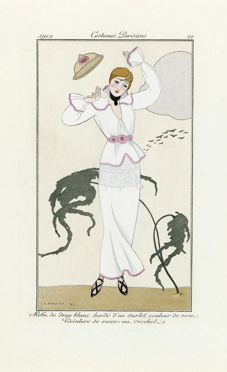 Design for White Dress with Pink Trim and Crochet Belt, from Costumes Parisien, pub.1912 by Georges Barbier