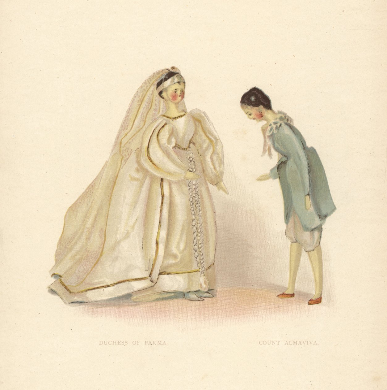 Dolls of the Duchess of Parma and Count Almaviva, from The Barber of Seville, dressed by young Princess Victoria. Color plate after an illustration by Alan Wright from Frances H. Low