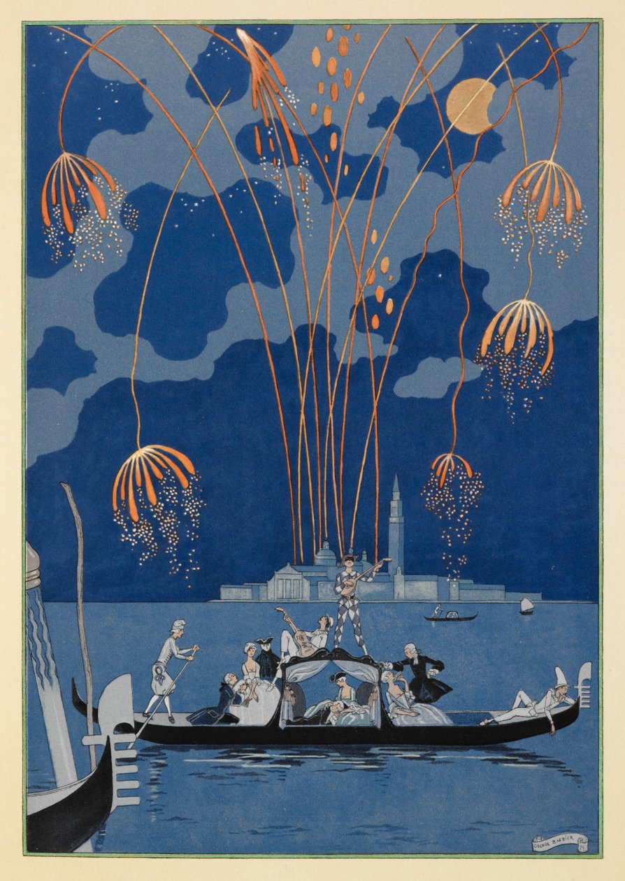 Fireworks in Venice. People in a gondola. by Georges Barbier