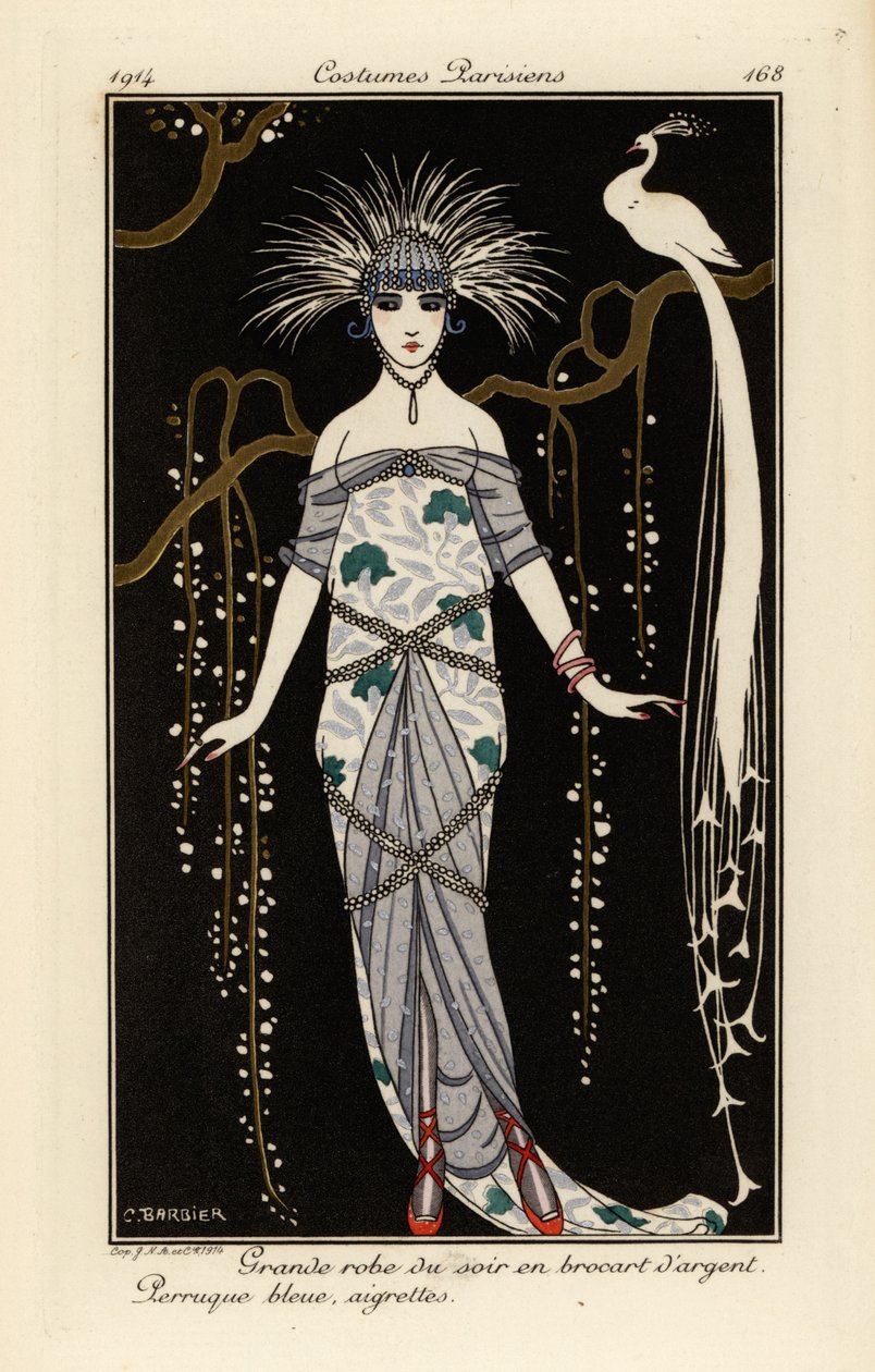 Grand Evening Dress in Silver Brocade, Blue Wig and Feathers by Georges Barbier