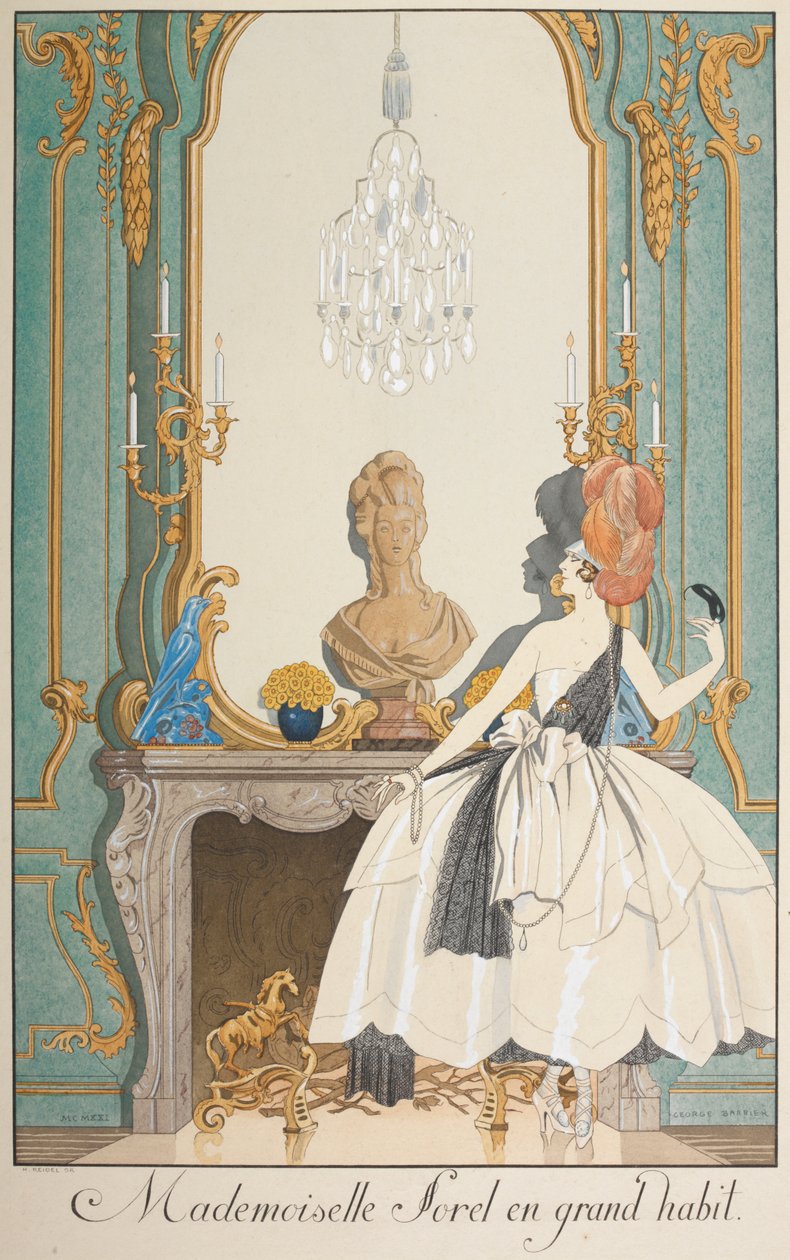 Mademoiselle Sorel in grand habit. A woman standing in front of a fireplace. by Georges Barbier