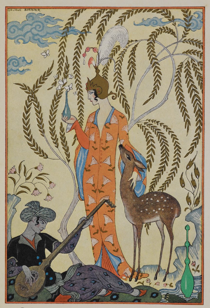 Persia. A woman with a fawn. A musician. by Georges Barbier