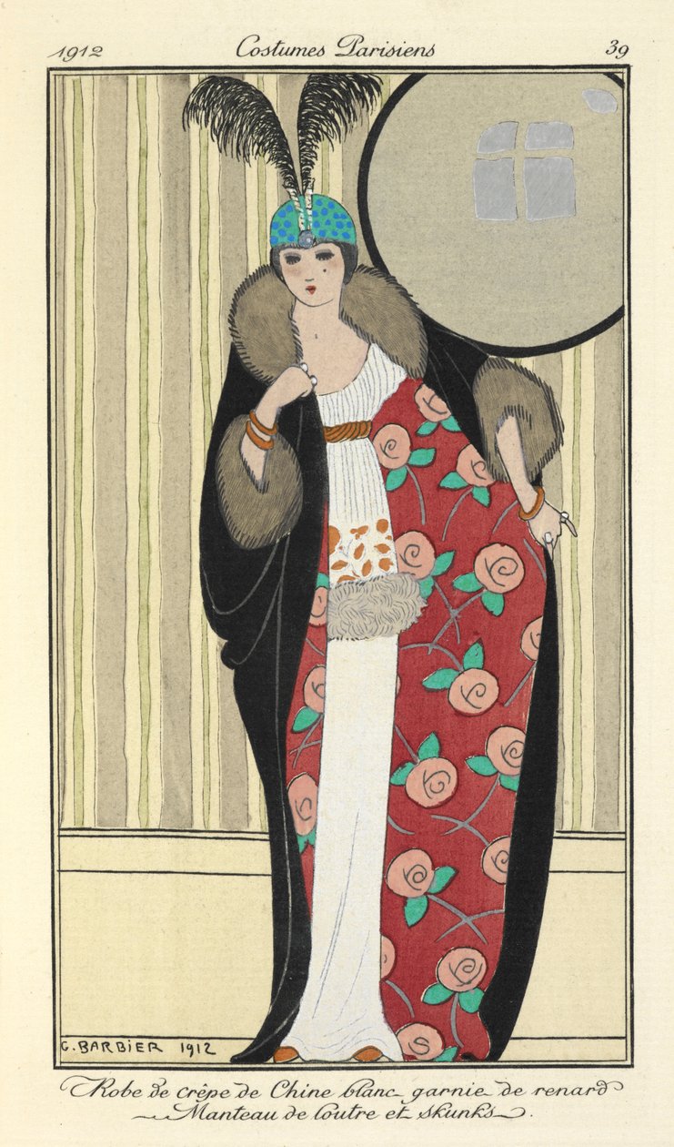 "White Crêpe de Chine Dress Trimmed with Fox. Otter and Skunk Coat" by Georges Barbier