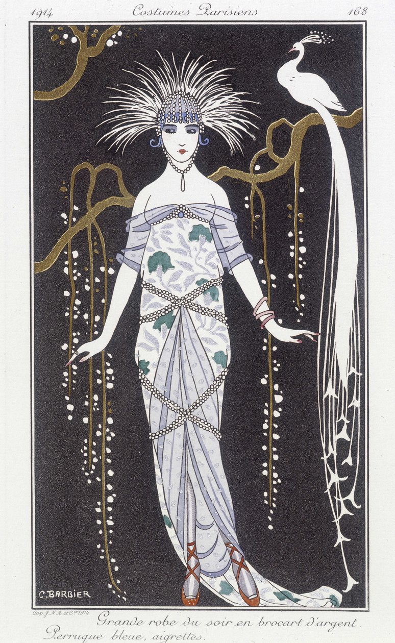 Silver Brocade Evening Dress and Wig - Illustration by George Barbier (1882-1932) in 