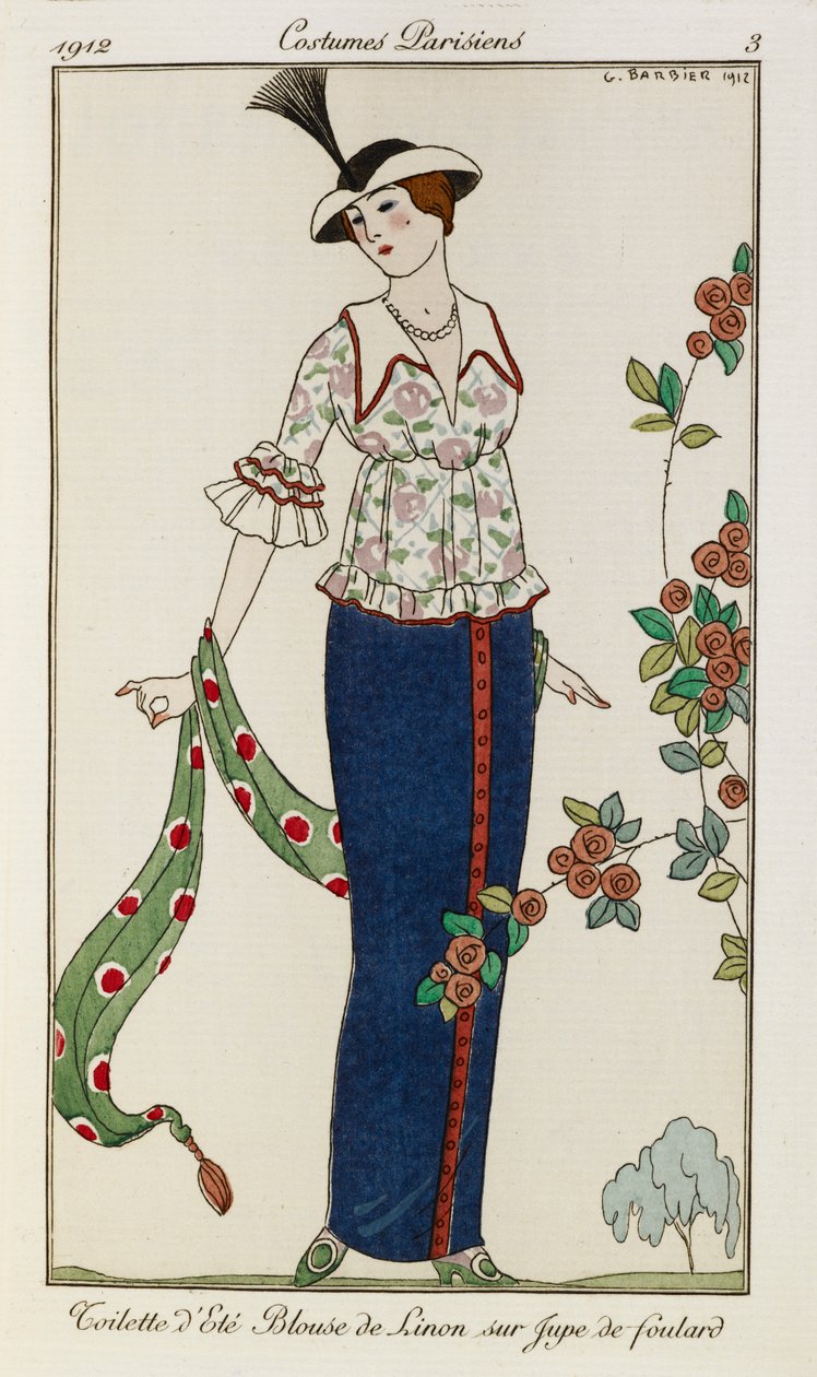 Summer blouse and skirt. A woman wearing a summer blouse and skirt. She holds a green scarf. She wears a hat with a feather. by Georges Barbier
