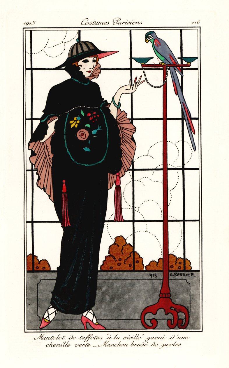 Woman in an old-taffeta cape with a parrot by Georges Barbier
