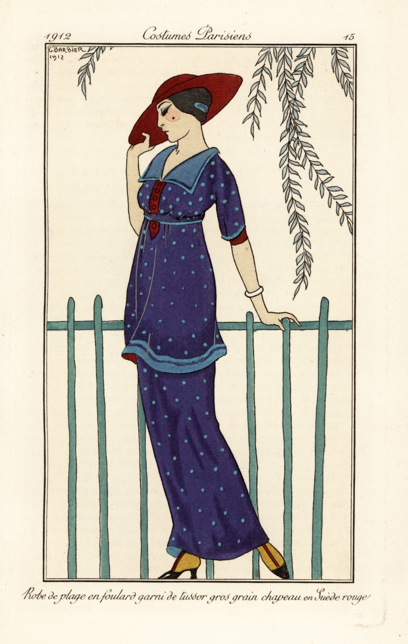 Woman in beach dress of foulard decorated with large dots, red suede hat by Georges Barbier